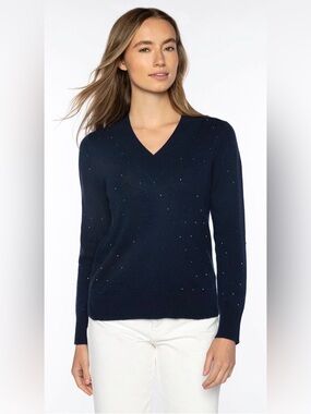 Kinross Cashmere Crystal Vee Sweater NWT Navy XS 100% Cashmere V-Neck